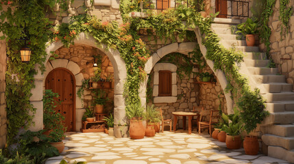 Obraz premium Sun-Drenched Mediterranean Courtyard with Lush Climbing Vines and Weathered Stone Walls