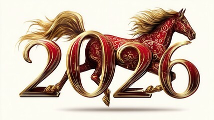 2026 Year of the Horse, kintsugi, golden calligraphic brush strokes forming the numbers "2026", galloping horse, Chinese New Yea, red and gold, white background background