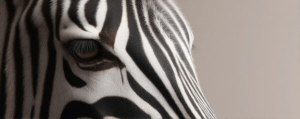 Close-up of zebra face showcasing striking black and white stripes, emphasizing unique eye details and captivating pattern.