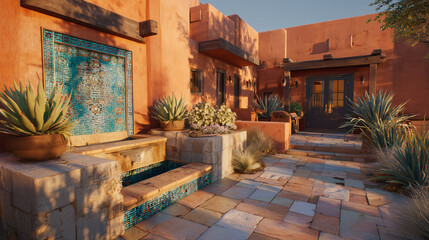 Obraz premium Sunlit Desert Courtyard with Adobe Walls and Agave Plants at Dusk
