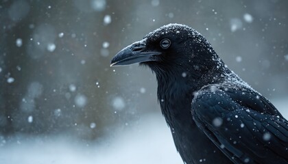 Obraz premium Black raven bird with snow on feathers sits still during heavy snowfall. Close up view of wild avian creature in winter weather. Dark plumage contrasts white snowflakes.