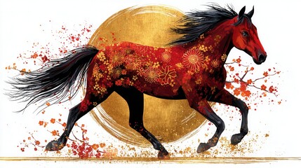 A dynamic vector illustration of a running horse for Chinese New Year of the horse 2026, with elegant Japanese cherry blossom. chrysanthemum patterns,gold and black colors, white background