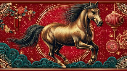 A luxurious Chinese New Year a galloping golden horse surrounded by red clouds, traditional lanterns, and plum blossoms.  2026 year of the horse