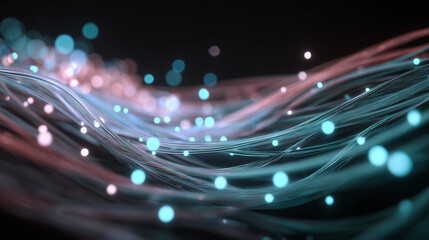 3D Render Of Glowing Fiber Optic Cables Intertwined Emitting 