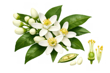 Orange blossom branches with delicate white petals, green leaves, buds, ovary, stamens, and seeds on transparent background