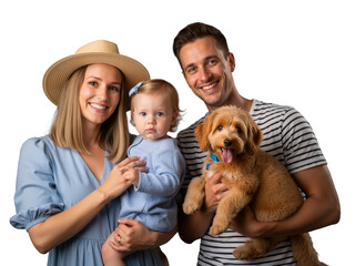 Radiant family of three + fluffy pup beam in joyful harmony against black. Mom in straw hat, dad cradling dog, toddler sweetly gazing &mdash; all in soft blues. Love, laughter, pets, and togetherness shine 