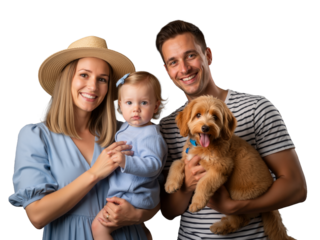 Radiant family of three + fluffy pup beam in joyful harmony against black. Mom in straw hat, dad cradling dog, toddler sweetly gazing — all in soft blues. Love, laughter, pets, and togetherness shine 