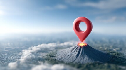 Red location pin symbol prominently placed on a volcano with lava eruption, set against a stunning blue sky, representing travel and adventure