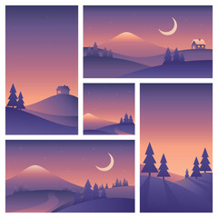 Minimalistic landscape illustrations different sizes. Mountains, hills and night sky. Vector gradient images in purple colors