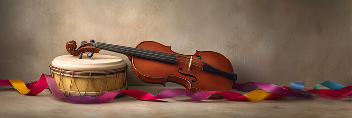 Musical instruments with vibrant ribbon display featuring violin and bongo drum on textured surface. Composition emphasizes cultural context with bright ribbon intertwined around instruments.