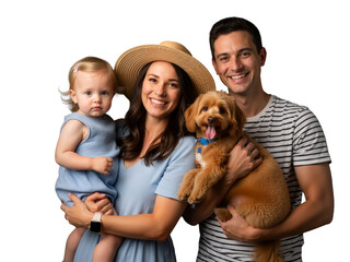Radiant family of three + fluffy pup beam in joyful harmony against black. Mom in straw hat, dad cradling dog, toddler sweetly gazing &mdash; all in soft blues. Love, laughter, pets, and togetherness shine 