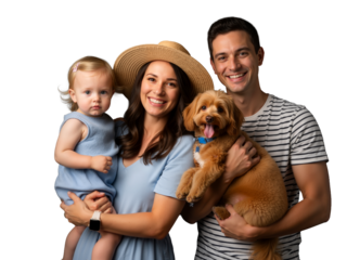 Radiant family of three + fluffy pup beam in joyful harmony against black. Mom in straw hat, dad cradling dog, toddler sweetly gazing — all in soft blues. Love, laughter, pets, and togetherness shine 