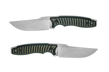 Two tactical fixed blade knives showing both sides. White back