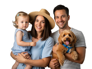 Radiant family of three + fluffy pup beam in joyful harmony against black. Mom in straw hat, dad cradling dog, toddler sweetly gazing &mdash; all in soft blues. Love, laughter, pets, and togetherness shine 