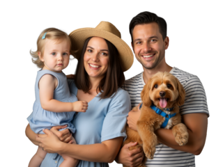 Radiant family of three + fluffy pup beam in joyful harmony against black. Mom in straw hat, dad cradling dog, toddler sweetly gazing — all in soft blues. Love, laughter, pets, and togetherness shine 