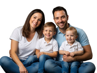 A joyful family of four shares a warm, candid moment against black&mdash;mom in white tee, dad in blue polo, two boys in matching whites. Smiles, hugs, and coordinated style radiate love, unity, and everyda