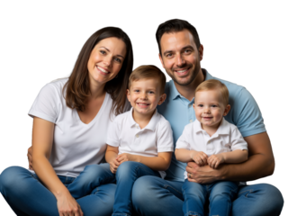A joyful family of four shares a warm, candid moment against black—mom in white tee, dad in blue polo, two boys in matching whites. Smiles, hugs, and coordinated style radiate love, unity, and everyda