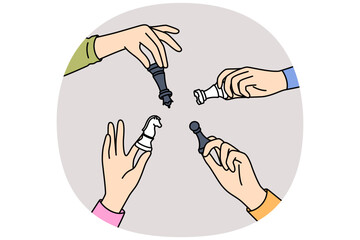 Chess in hands of people from opposing teams, as concept of strategic confrontation between rivals. Chess to develop strategic thinking and task planning skills to increase productivity