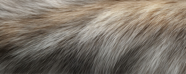 Soft fur texture with shades of gray and beige showing intricate patterns and natural color variations. This close-up fur texture highlights the soft feel and visual appeal of animal fur.