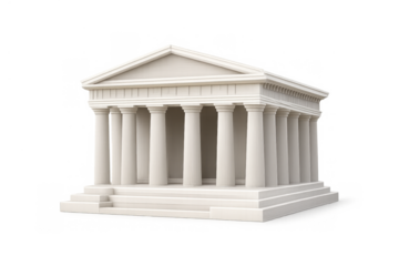 White classic greek temple structure with ionic columns and a triangular pediment, symbolizing concepts of democracy, justice, and tradition