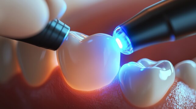 Dentist performing advanced light curing procedure on tooth with blue LED device, modern dental care, technology precision, restoration treatment, and professional oral health innovation in detail.