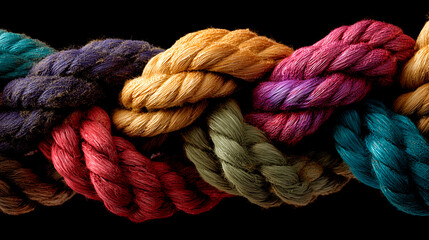 Team rope diverse strength connect partnership together teamwork unity communicate support. Strong diverse network rope team concept integrate braid color background cooperation empower power