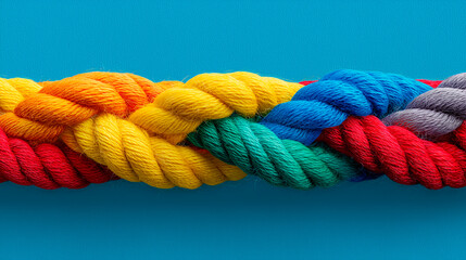 Team rope diverse strength connect partnership together teamwork unity communicate support. Strong diverse network rope team concept integrate braid color background cooperation empower power
