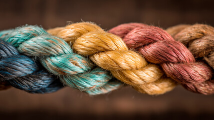 Team rope diverse strength connect partnership together teamwork unity communicate support. Strong diverse network rope team concept integrate braid color background cooperation empower power