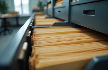 Many files in filing cabinet drawers. Organized paper documents in office. Information storage system for business needs. Data management and archival.