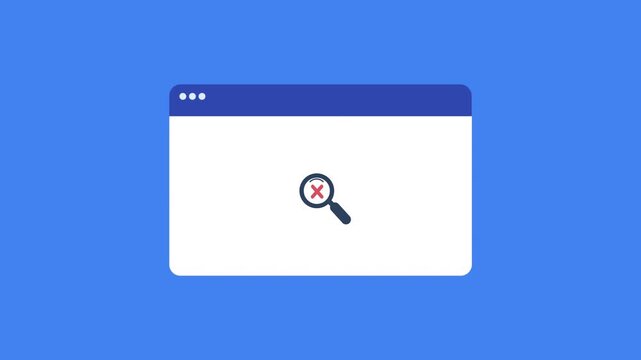 Minimal web browser window interface showing a search error icon with cross mark on blue background. Clean UI design concept for not found results, failed search, and user feedback states.
