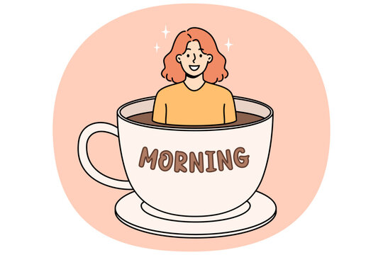Hot morning coffee in large cup with happy woman looking out of drink for boost of energy. Girl visitor to coffeehouse rejoices at opportunity to enjoy fresh coffee from arabica beans