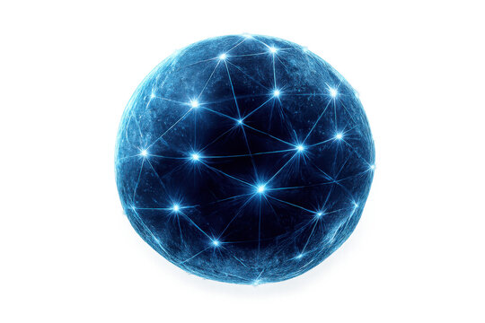 Global communication network sphere with glowing connected points symbolizing data transfer and internet connectivity - Powered by Adobe