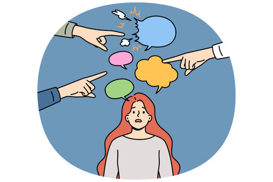 Women hear misogyny and discriminatory remarks from men pointing fingers at frustrated victim. Problem of misogyny based on gender stereotypes and infringement of rights of girls in workplace