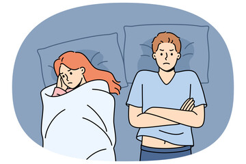 Quarreling couple lies in bed with sad emotions after unsuccessful sexual intercourse due to impotence. Problem of developing phobia in girl who is victim of misogyny and gender discrimination at work