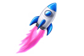 Rocket ship launching, speeding with pink smoke, showing startup, success, progress, and quick growth concept