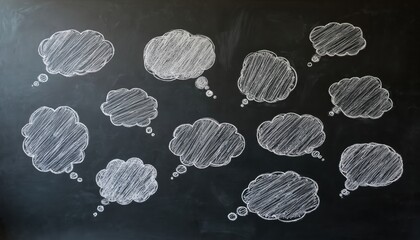 White chalk drawn speech bubbles on black chalkboard background. Empty thought clouds for text, messages, ideas and dialogue. Creative space for conversation and communication.