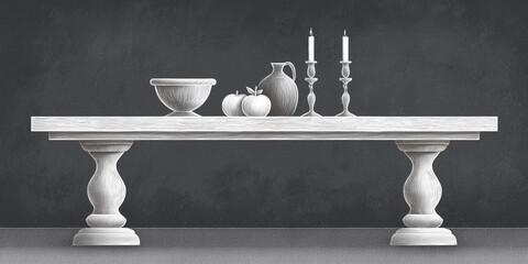 Elegant table setting with bowl, pitcher, and candleholders showcasing fresh apples. Table arrangement features rustic elements with white wood and decorative items enhancing aesthetic appeal.