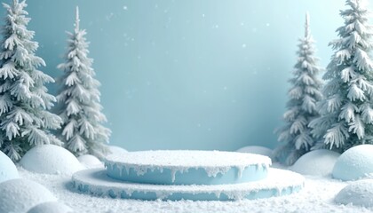 Frosted podium stage with snow covered trees in background. Winter wonderland scene with ice and snowflakes. Cold abstract Christmas concept.