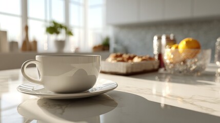 Tranquil morning kitchen scene featuring coffee, pie and fresh fruit