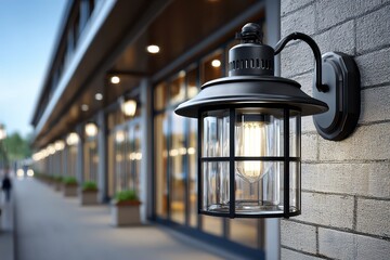 Outdoor lighting fixture on a brick wall, illuminating a building facade at dusk, enhancing the architectural details and creating a warm ambiance in the evening light.