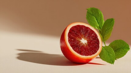 Vibrant halved blood orange with verdant leaves on a neutral backdrop