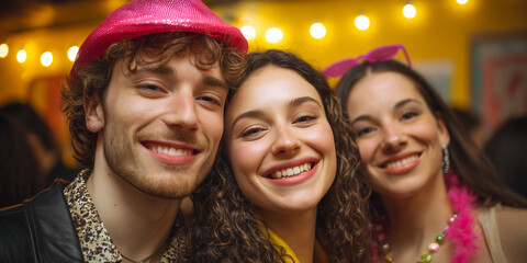 Obraz premium Friends celebrating together with smiles and colorful accessories at lively party. Friends enjoy vibrant atmosphere with festive hats, glasses, and cheerful expressions at social gathering.