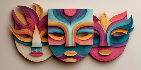 Colorful masks displayed on wall with vibrant hues and artistic design showcasing uniqueness. Masks capture essence of celebration and culture, ideal for events highlighting creativity and artistry.