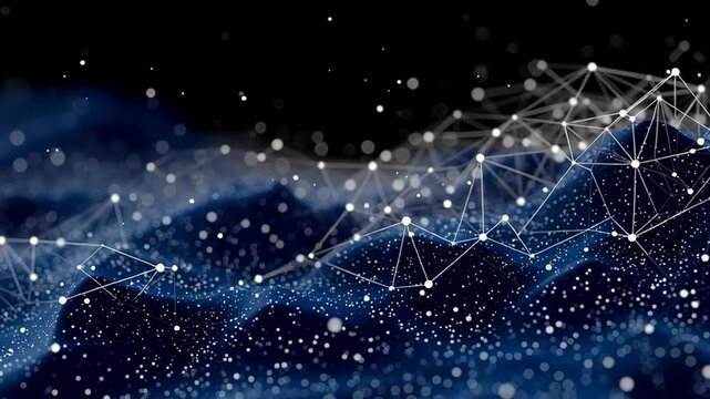 Glowing blue plexus network expanding across digital landscape, signaling technological connectivity and data transmission through dark virtual space