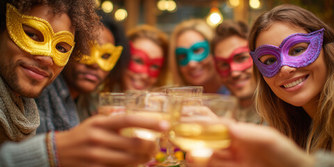Friends celebrating with drinks and colorful masks at festive gathering, joyful expressions and laughter underline the camaraderie. Celebration captures vibrant party atmosphere for memorable events.