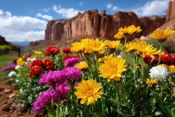A colorful field of flowers blooming at the base of the Moab red rock cliffs, a serene vista of nature's beauty and geological wonder under a blue sky.