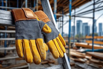 Work gloves rest on a ladder at a construction site, with a blurred cityscape background, symbolizing the dedication of workers and urban development.