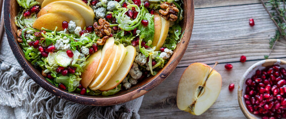 Narrow view into a bowl of healthy Brussels Sprouts salad.