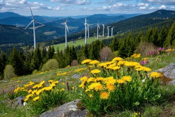 Picturesque landscape view of mountain meadow with dandelions and wind turbines, creating a scenic vista with blue sky and layered mountains in the background.
