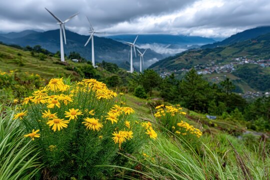 A scenic landscape with a field of yellow flowers, windmills, and mountains in the background, creating a beautiful and sustainable harmony between nature and technology.